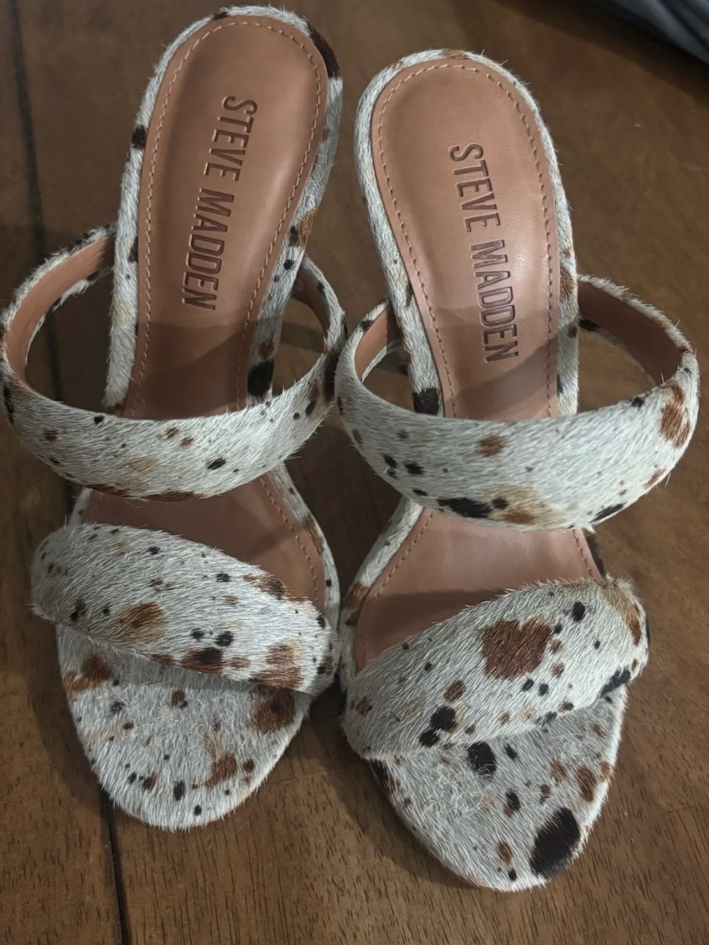 Steve Madden Brown and White Spotted Haircalf Double-Strap Heels